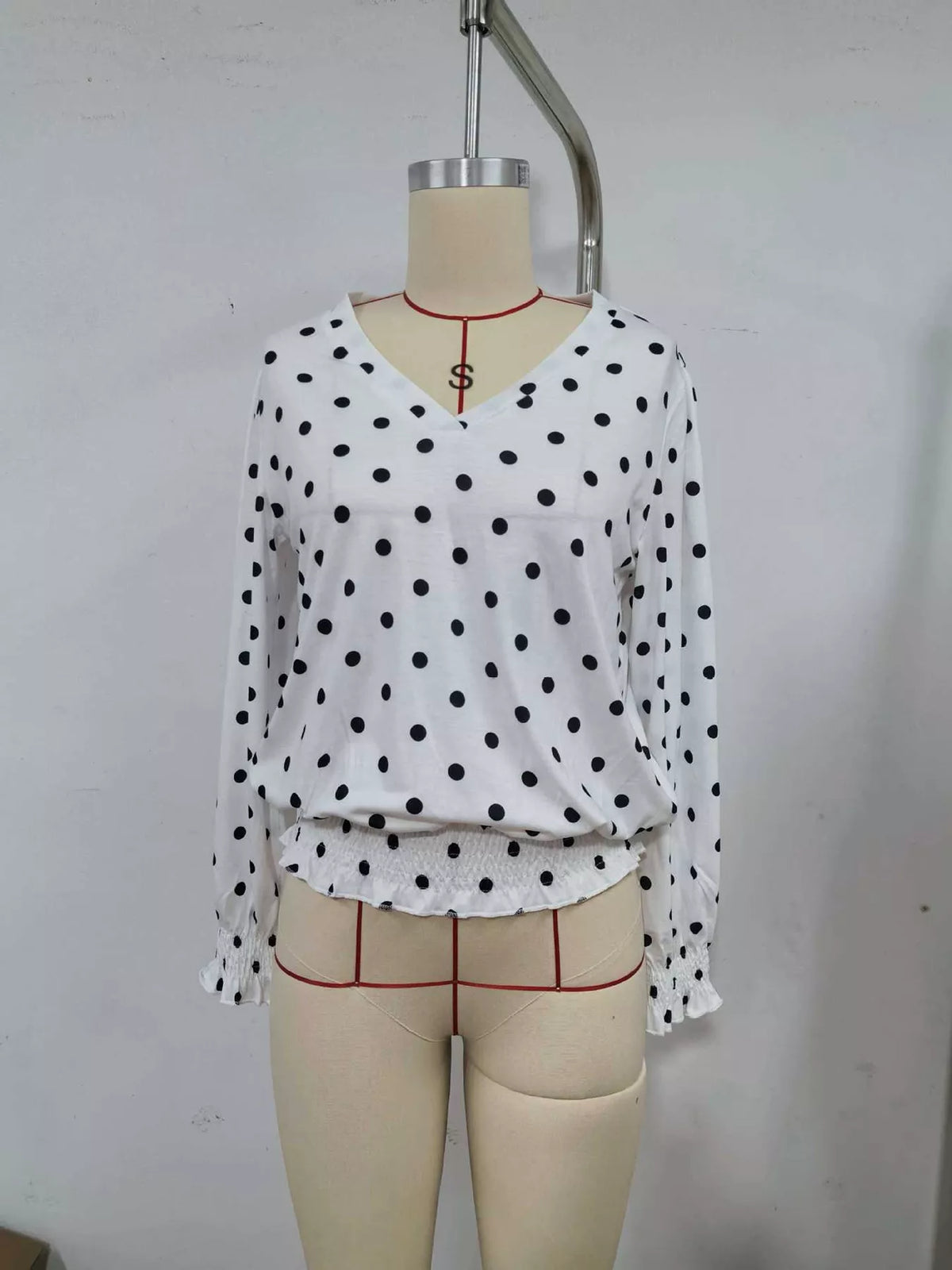 Polka Dot V-Neck Smocked Blouse, angled product view