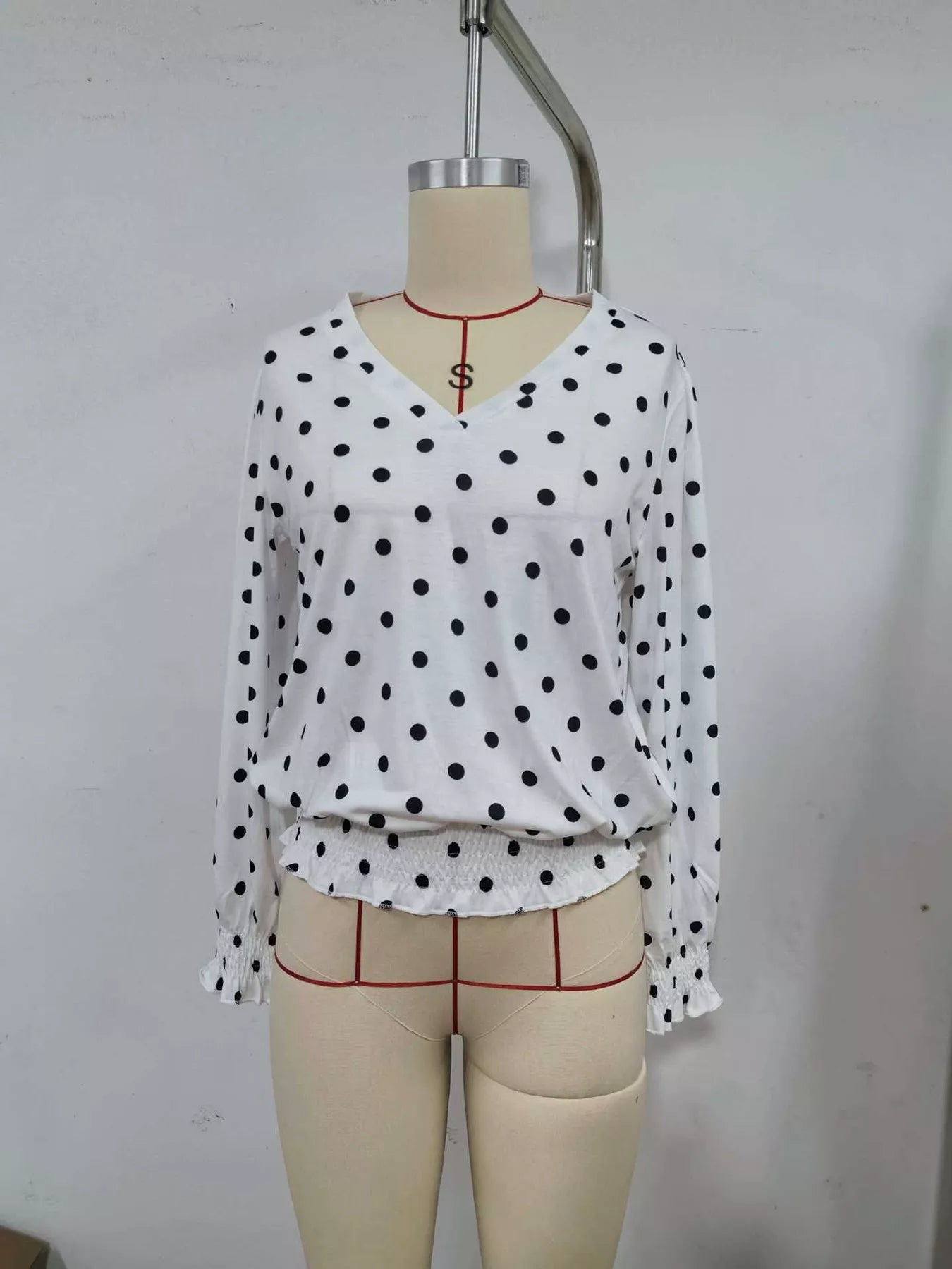 Polka dot V-neck smocked blouse — additional view 3