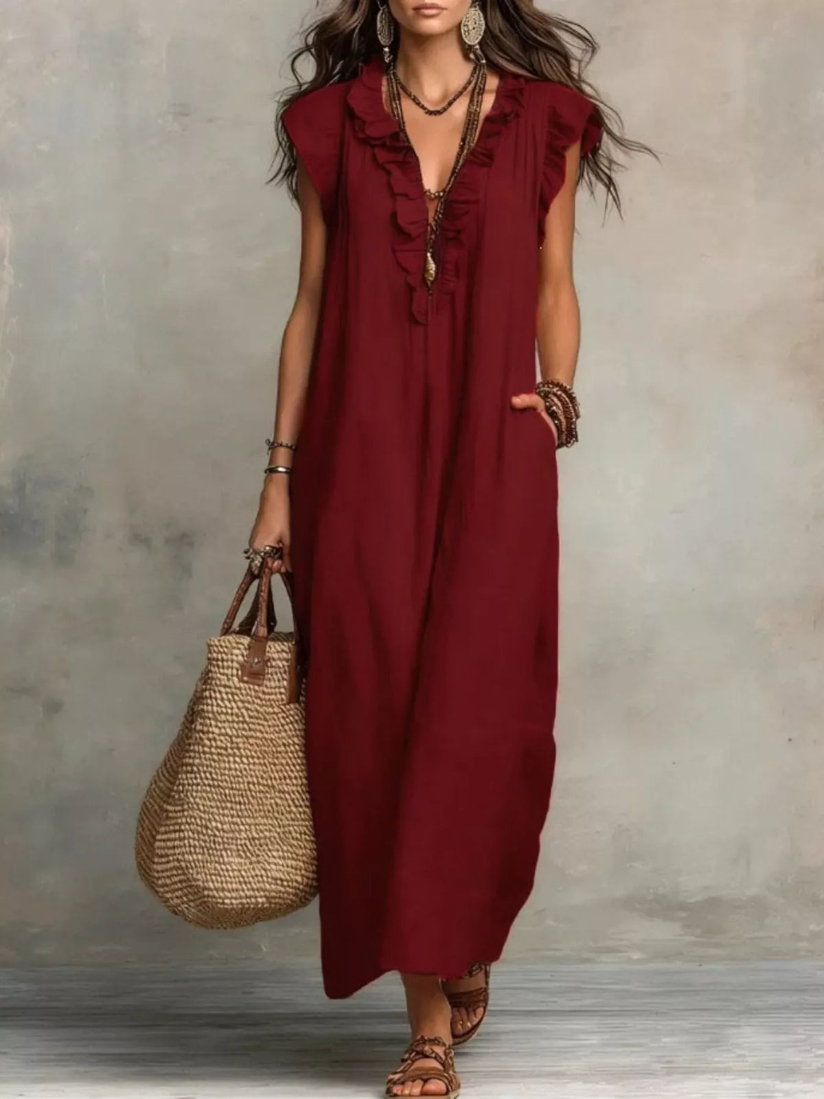 Ruffled V-Neck Maxi Dress, product view 13