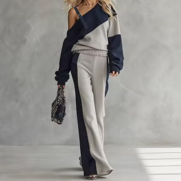 Color-Block Sweatshirt & Wide-Leg Pants Set — main product image