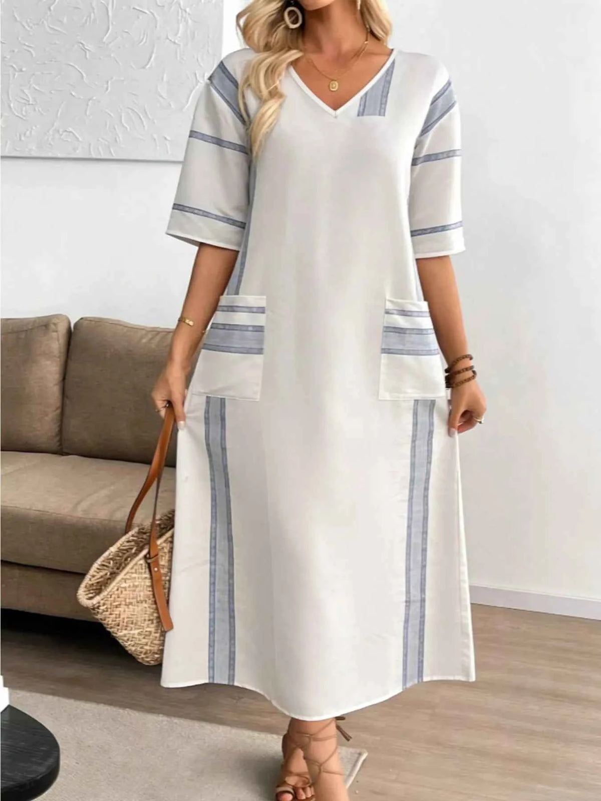 Striped Maxi Dress V-Neck with Pockets, side product view