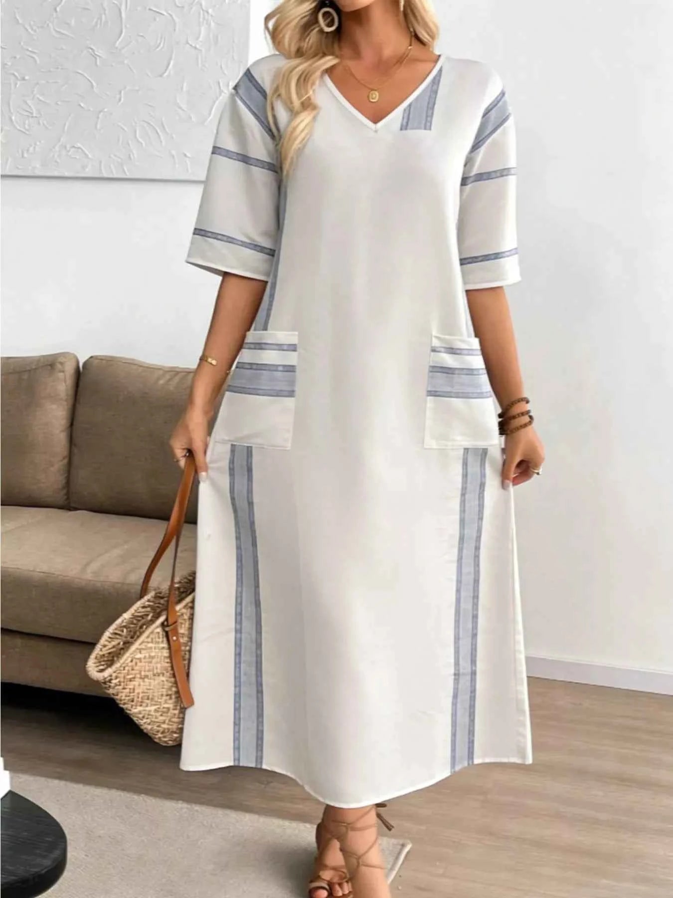Striped V-neck maxi dress with pockets — additional view 4