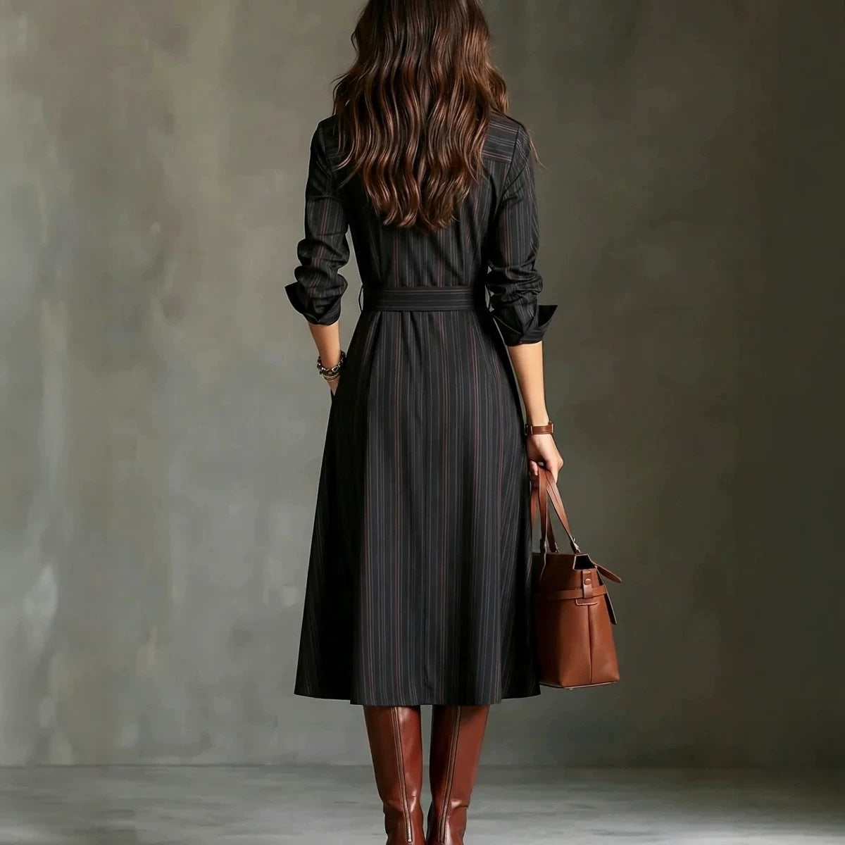 Belted Cinched-Waist Mid-Length Shirt Dress – view 6