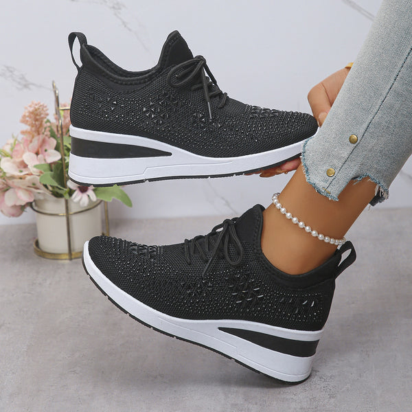 Black rhinestone lace-up wedge sneakers for women