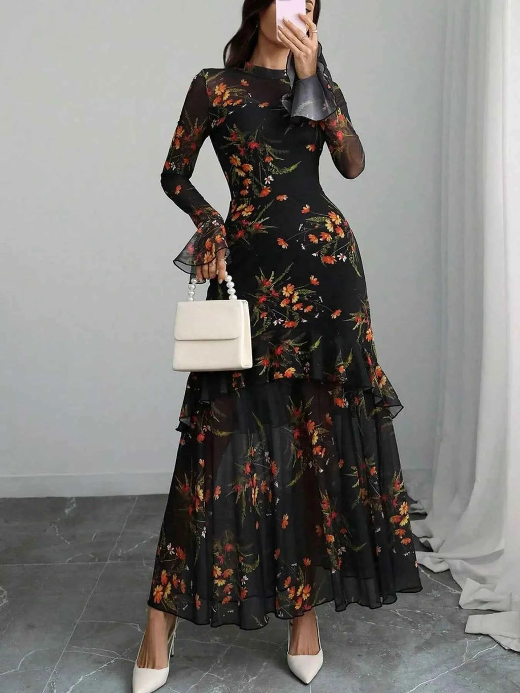 Floral flounce sleeve mermaid maxi dress — additional view 6