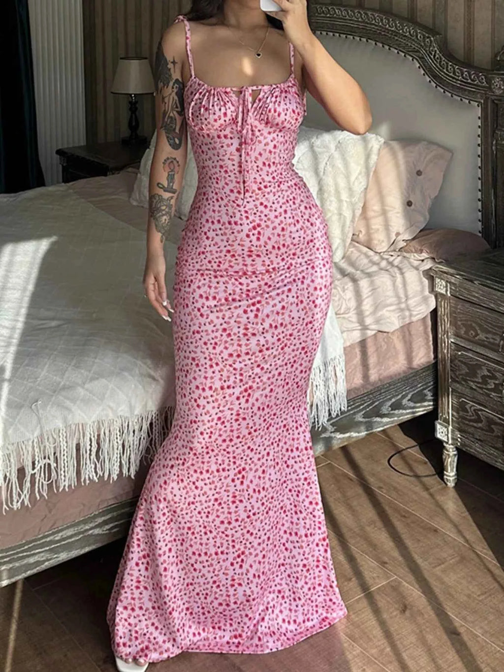 Adjustable Tie Strap Bodycon Dress-Dresses-Splashis-Color:Pink-Size:2XL-Splashis