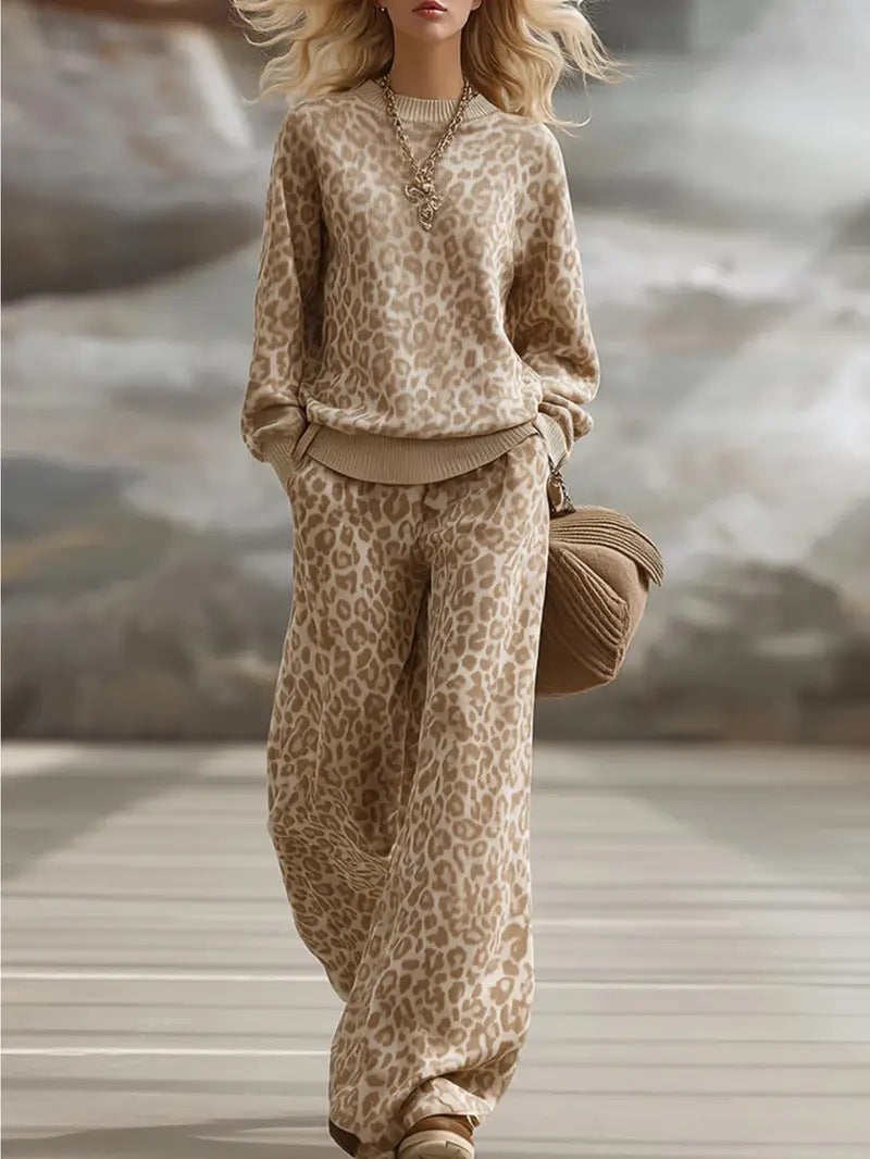 Autumn And Winter European And American Amazon Cross-Border Light Brown Leopard Print Suit Long-Sleeved Slim Sweatshirt Retro Casual Pants For Women product image