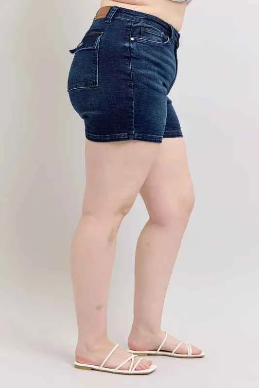 High Rise Back Flap Pocket Denim Shorts-Denim Shorts-Splashis-Splashis