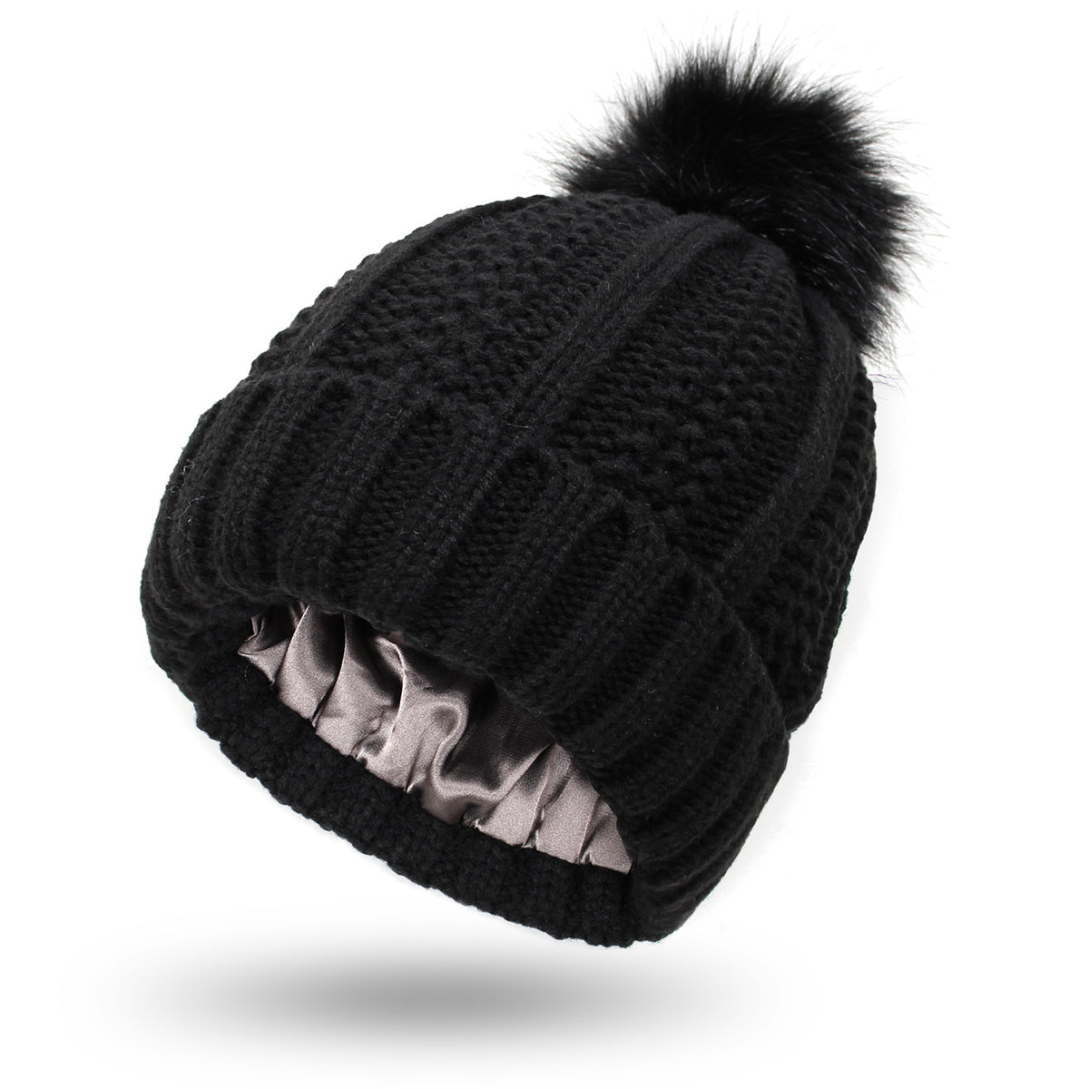 Black satin lined pom pom beanie hat for women