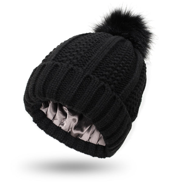 Black satin lined pom pom beanie hat for women