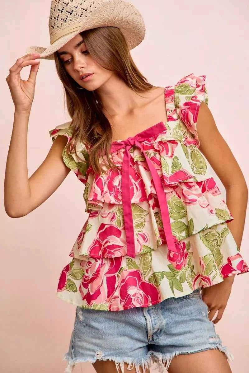 Charming Floral Print Square Neck Top サブ画像