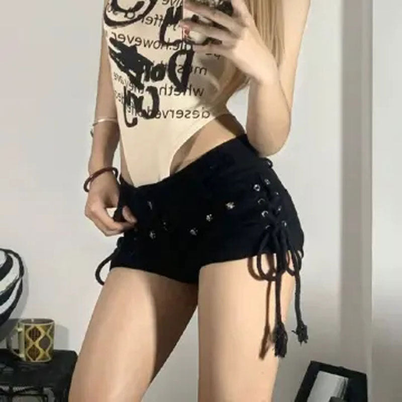 Black High-Waist Lace-Up Denim Shorts, side product view