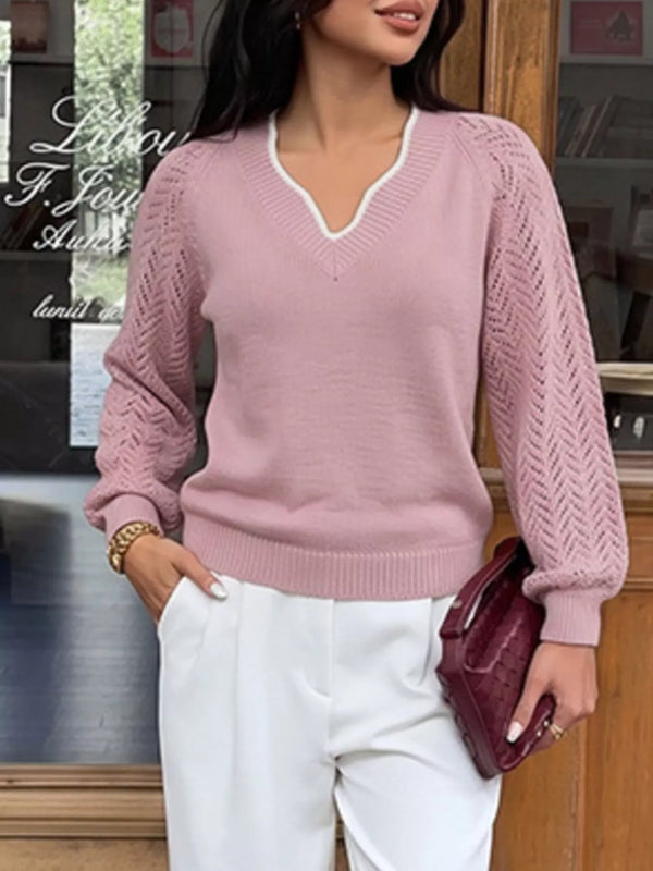 V-neck openwork long sleeve sweater — additional view 4