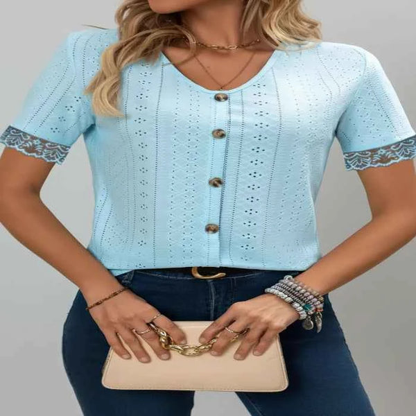 Eyelet lace short sleeve blouse — primary view