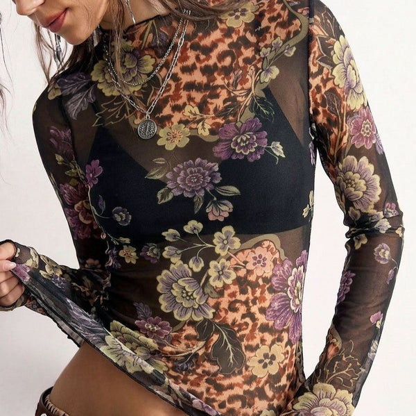 Vintage floral mesh top - slim fit long sleeve tee for women, image 2