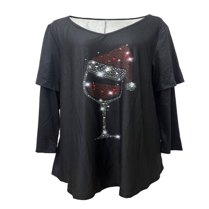 Women's Christmas Print Top - V-Neck Faux Two-Piece, Plus Size product image