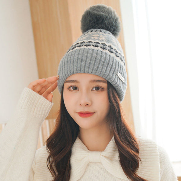 Grey pom pom knit beanie with ear flaps for women