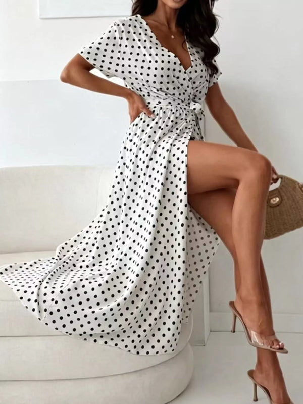 Polka Dot Surplice Maxi Dress with Slit view 4