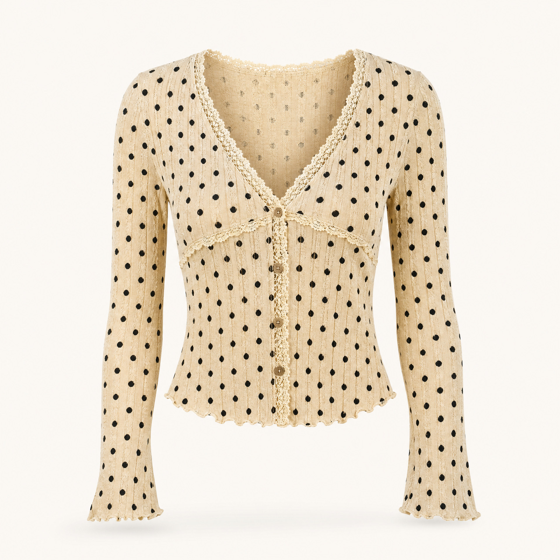 Lace Ruffled Cropped V-Neck Cardigan, shown in a clear product image