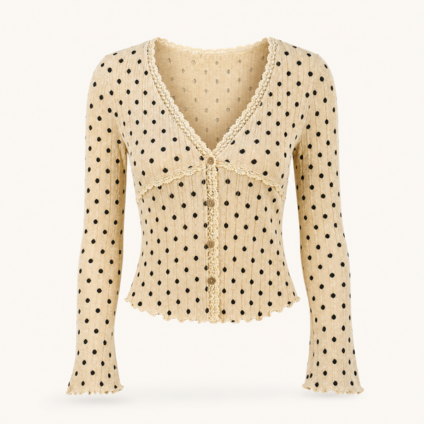 Lace Ruffled Cropped V-Neck Cardigan, shown in a clear product image