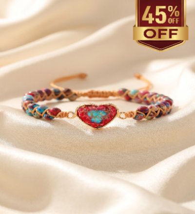 Colorful bracelet with a heart-shaped charm on a beige fabric background, featuring a 45% off label.
