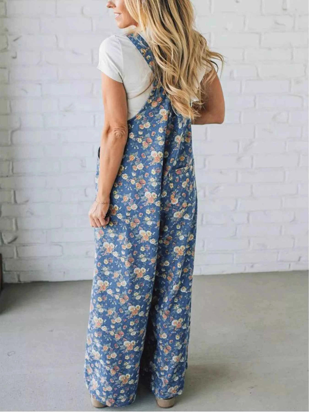Floral print wide leg denim overalls — additional view 4