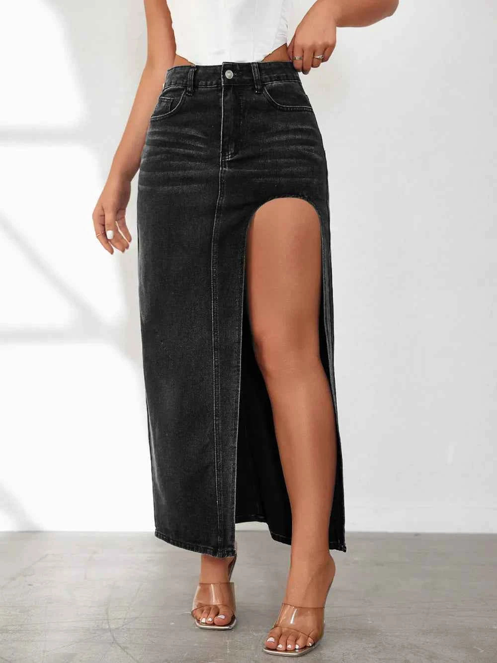 High-rise denim skirt with side slit — additional view 2