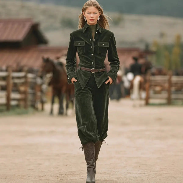 Dark green women's corduroy belted jacket and pants set