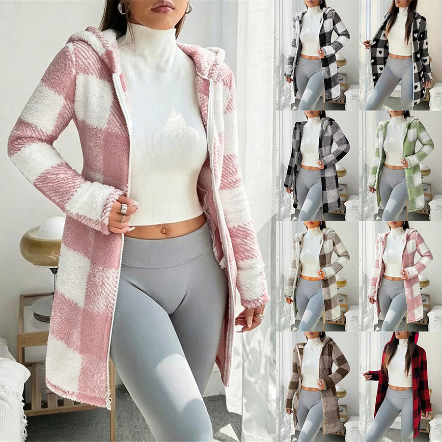 Pink and white checked hooded long jacket alongside other color options