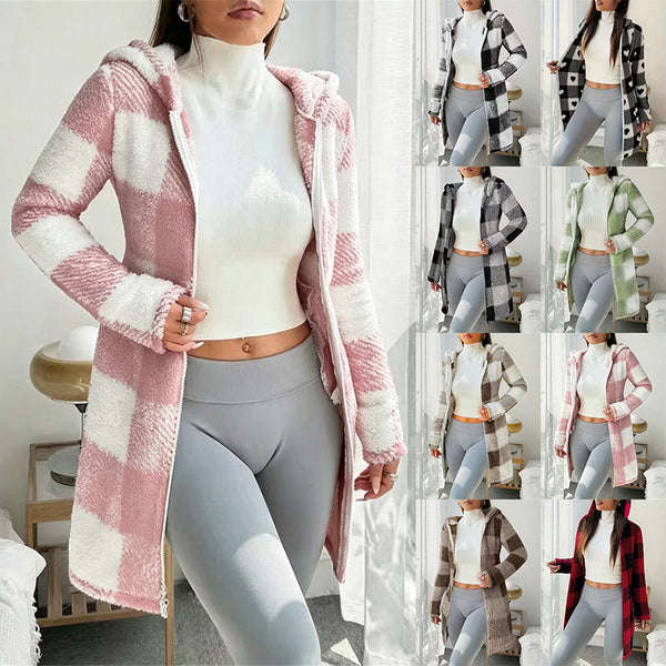 Pink and white checked hooded long jacket alongside other color options