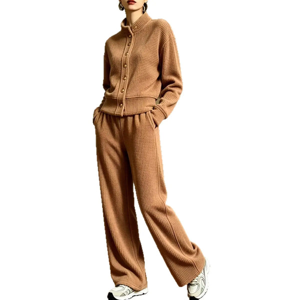 Women's waffle knit cardigan and wide-leg pants set