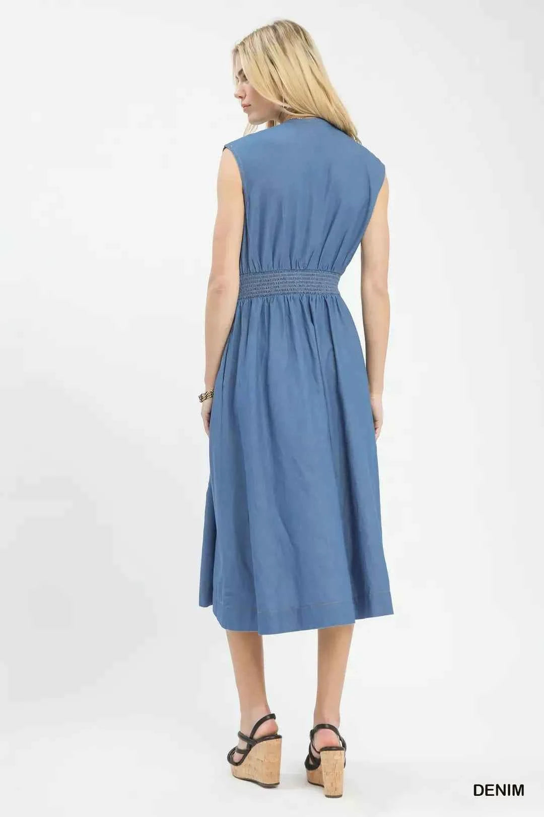 Denim sleeveless zip-front smocked waist midi dress — additional view 2
