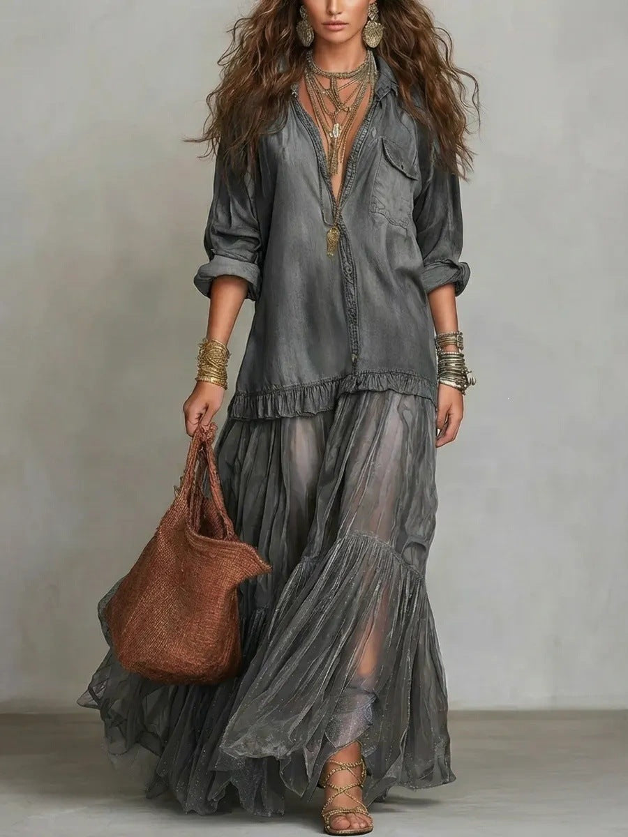Product detail photo of Faux Denim Lapel Maxi Dress, faux denim lapel maxi dress, everyday style