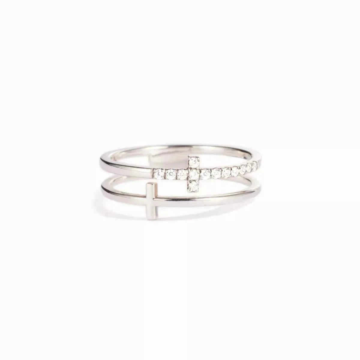 Double band zircon cross ring in silver-plated alloy — additional view 9