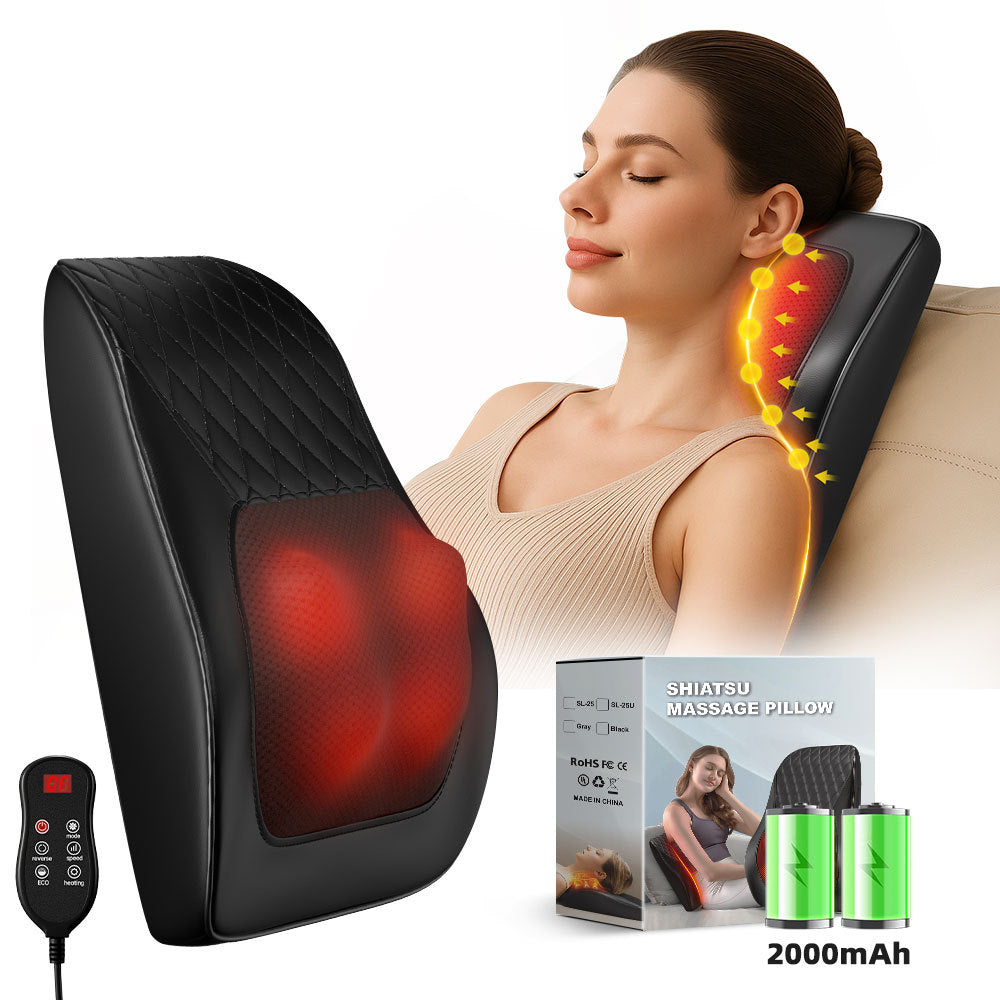 Massage pillow shown in use for neck and shoulder relief