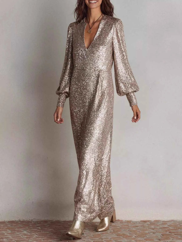 Sequin maxi dress with lantern sleeves — additional view 3