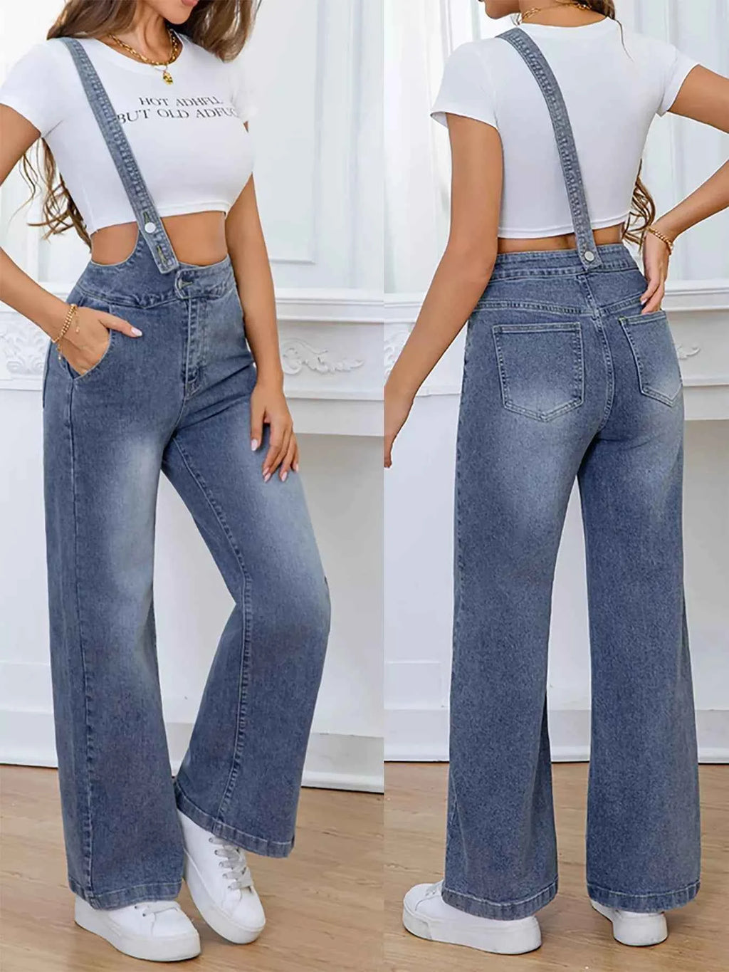 Adjustable wide-leg denim overalls — additional view 2