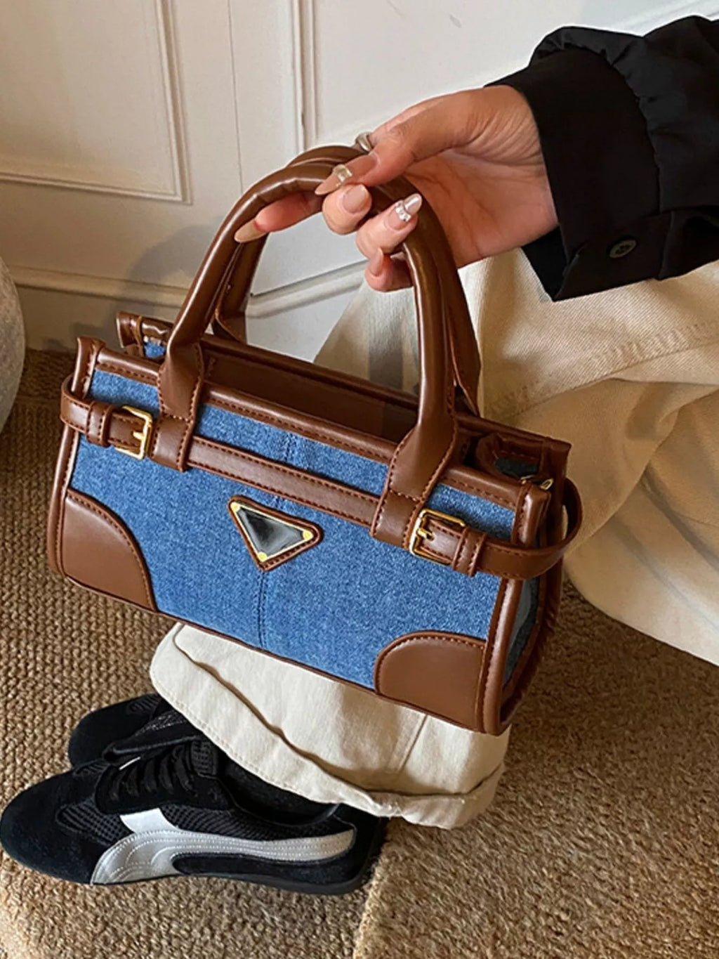 Denim patchwork crossbody bag with buckle detail — additional view 4