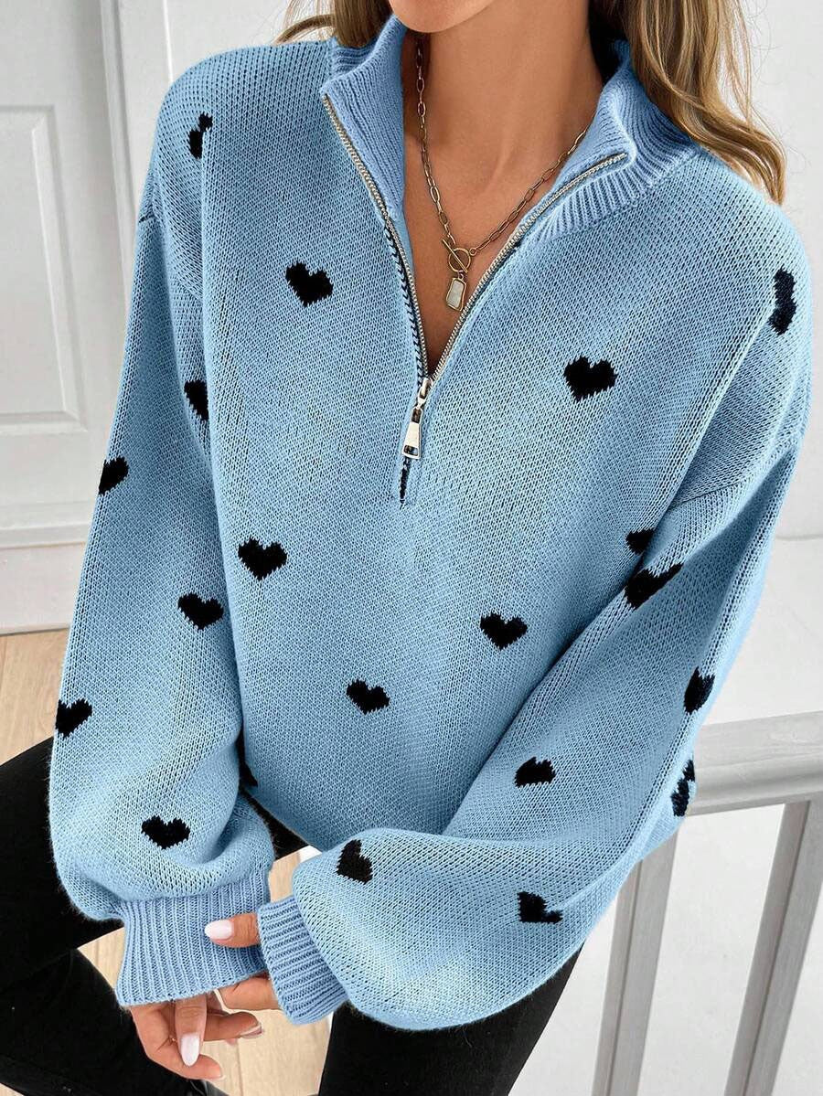 Sky Blue heart pattern knit zip sweater for women