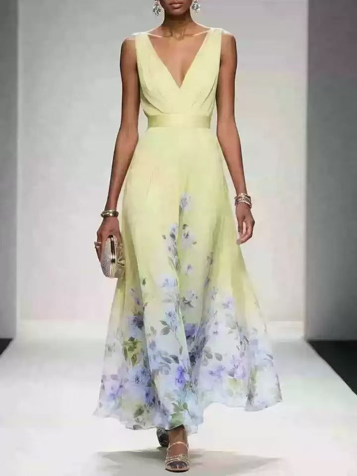 V-Neck Slim-Fit Chiffon Evening Gown
