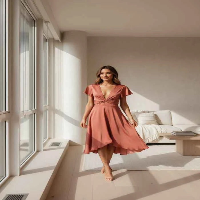 Model wearing the High-Low Plunge Flutter Sleeve Dress