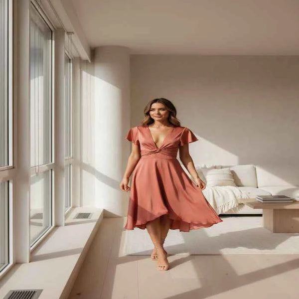 Model wearing the High-Low Plunge Flutter Sleeve Dress