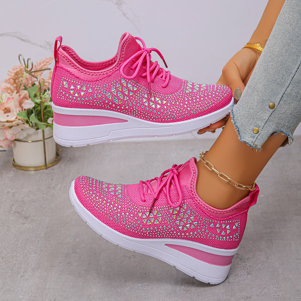 Rose Red rhinestone lace-up wedge sneakers for women