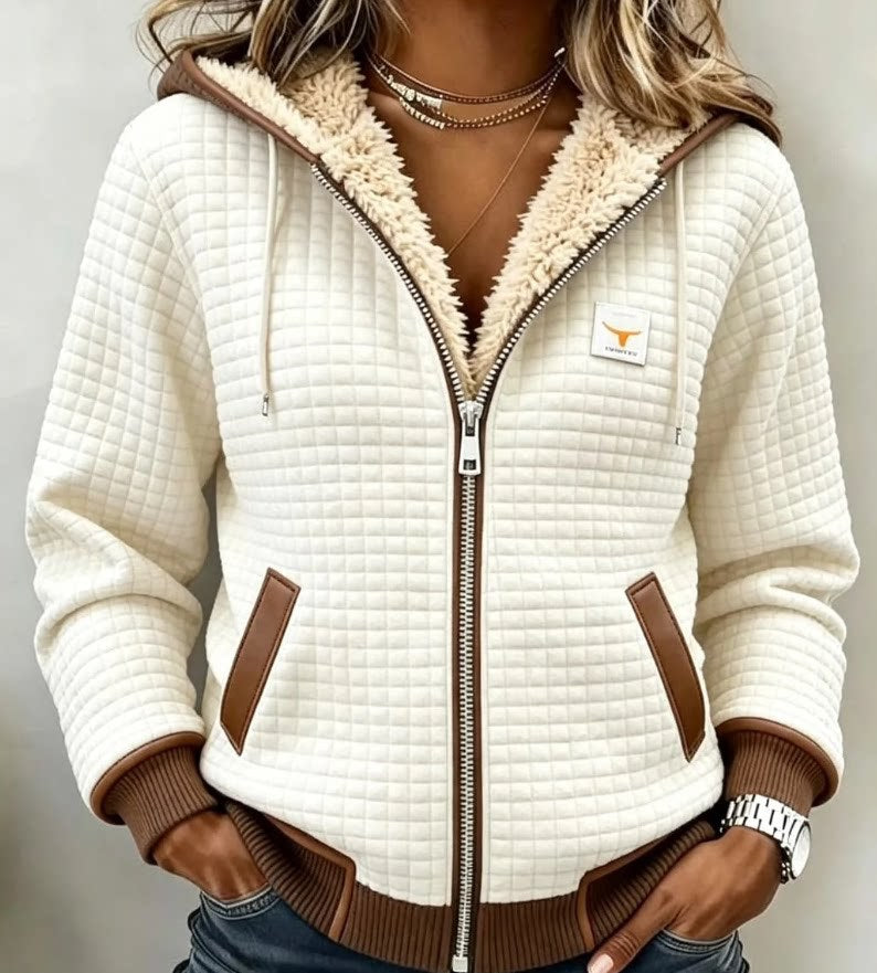 Cream waffle-textured zip-up hoodie with plush lining and brown trim
