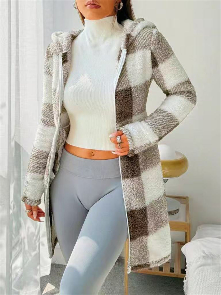 Taupe and cream checked hooded long jacket, worn by a model