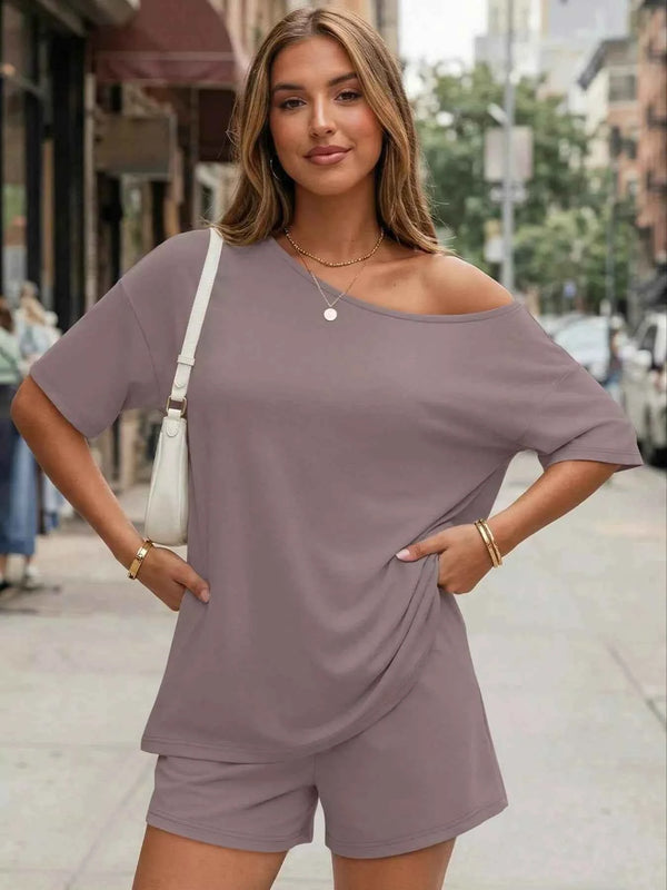 Full Size Boat Neck Tee and Shorts-Two-Piece Set-Splashis-Splashis