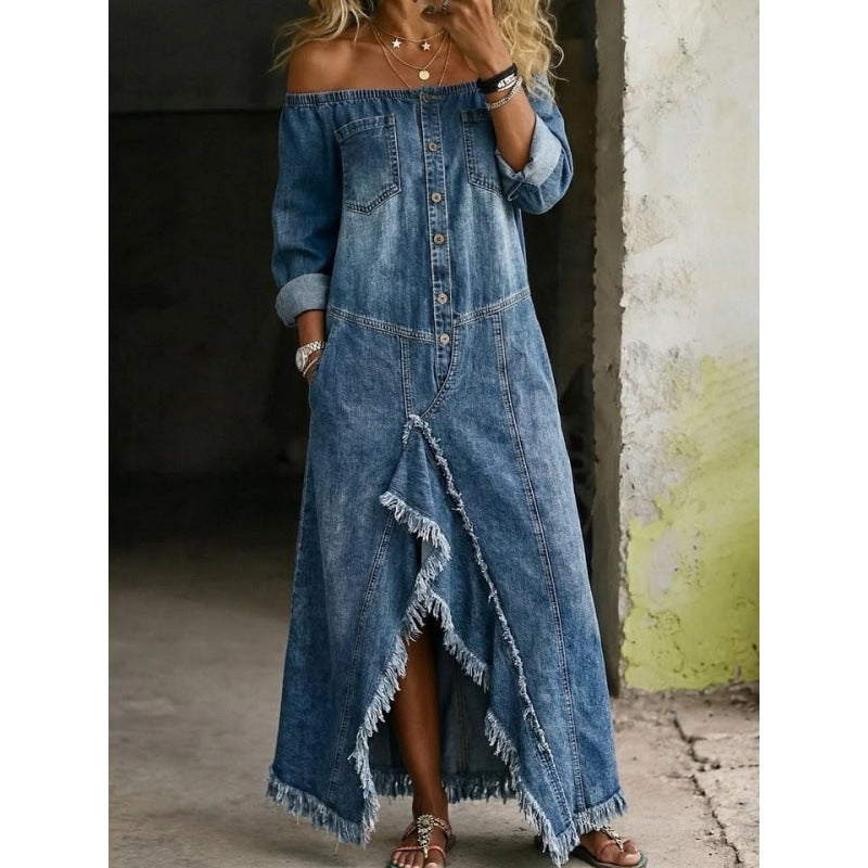 Distressed button-front denim dress product image