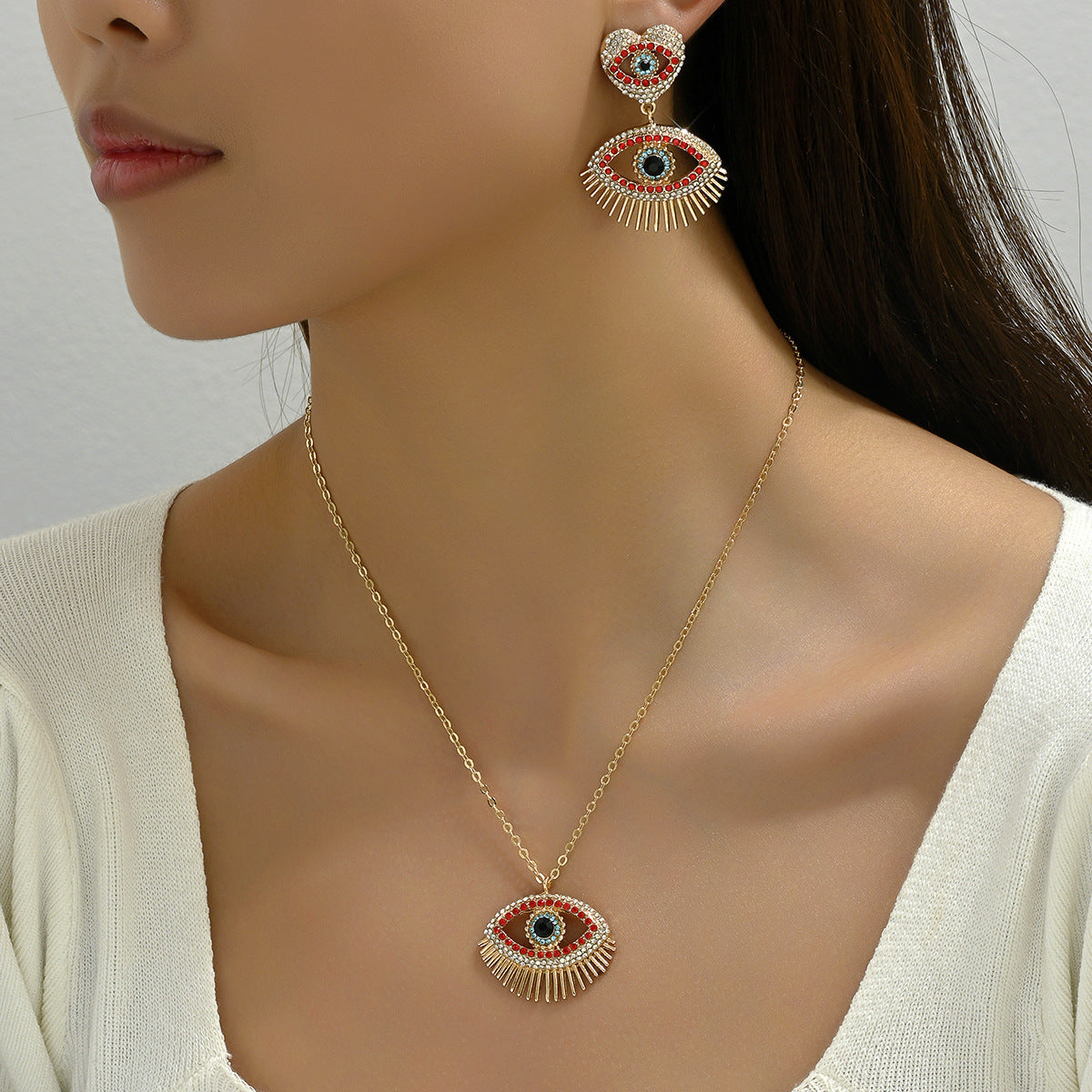 European And American Fashion Hip Hop Style Women Necklace Personalized Love Devil's Eye Niche Design Earrings Long Chain additional product view