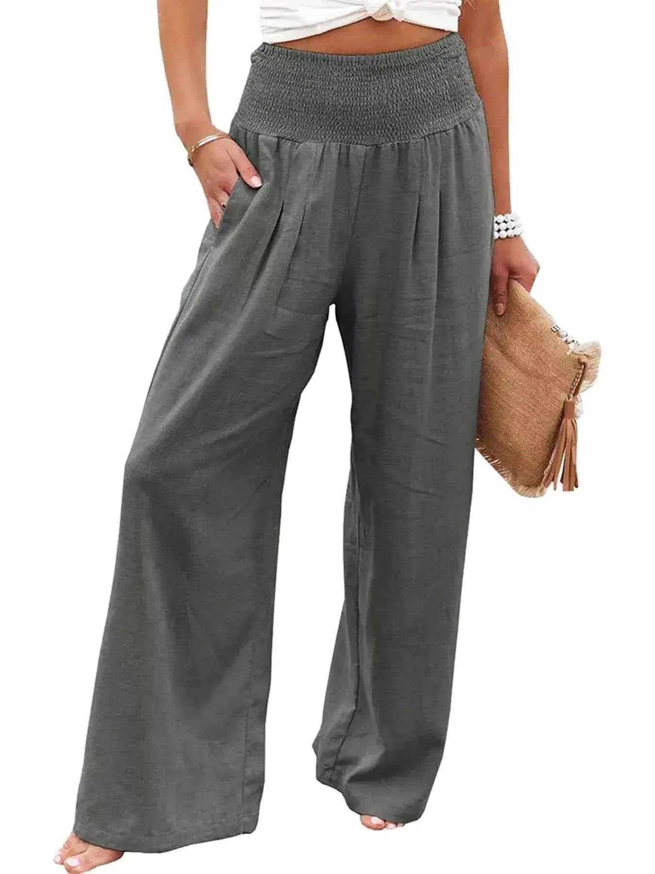 Smocked High Waisted Wide Leg Pants for Effortless Style and Comfort-Bottom-Splashis-Splashis