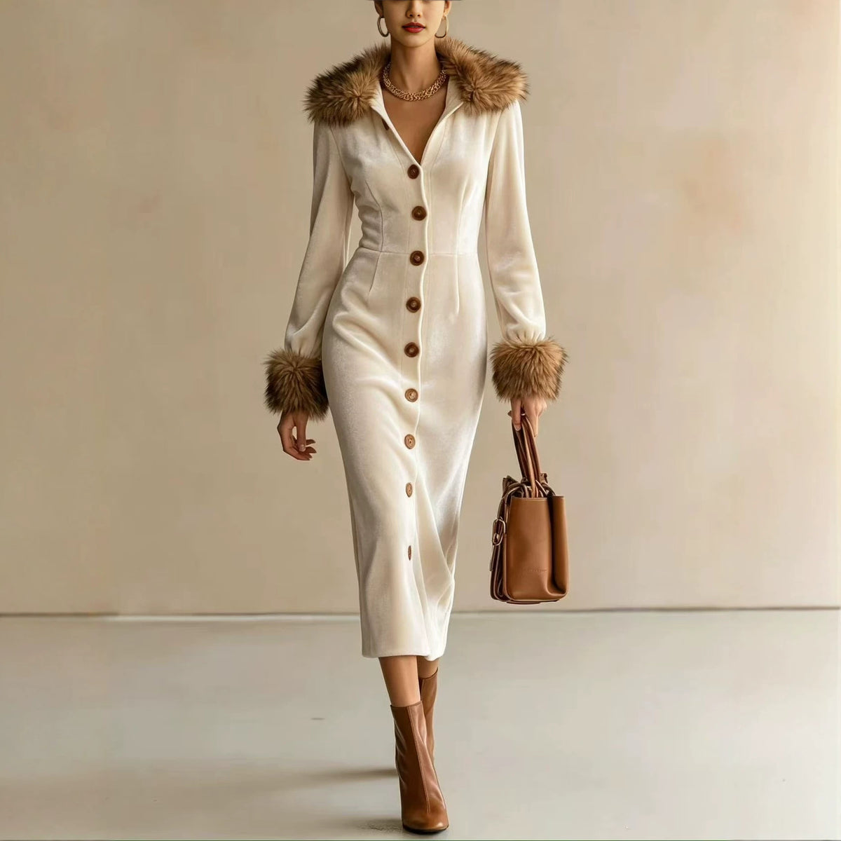 Faux Fur Collar Button-Front Midi Dress additional product view